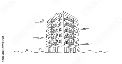 Apartment building with balconies in urban residential setting. No editable stroke