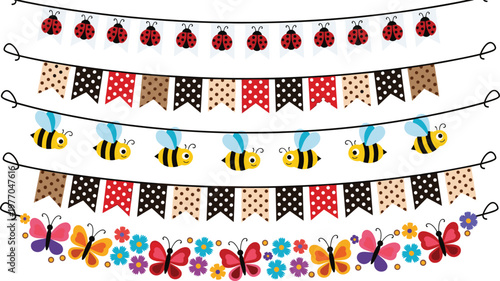 Decorative vector bunting flags and hanging garland set featuring cute ladybugs honey bees colorful butterflies garden flowers and polka dot patterns for birthday party celebrations.