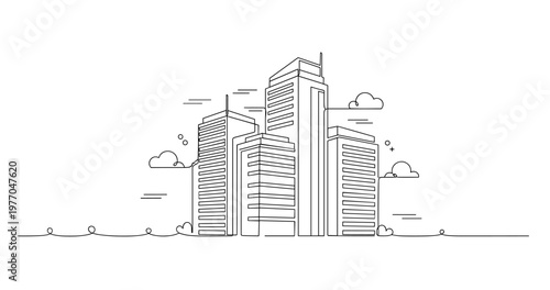 Cluster of commercial towers rising within urban skyline. No editable stroke