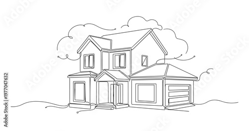 Two story house with attached garage in suburban line drawing. No editable stroke