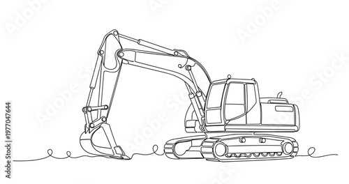 Excavator bucket lowered on tracked chassis in white background. No editable stroke