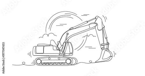 Excavator arm moving to dig on construction site sketch. No editable stroke