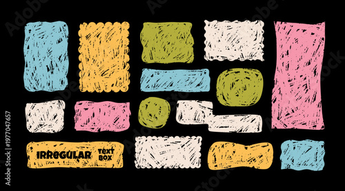 Hand drawn irregular text boxes with crayon and doodle texture. Cute scribble frames with organic shapes and wavy borders. Playful vector set for text, quotes.