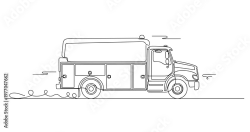 Fire truck driving along road in simple line drawing. No editable stroke
