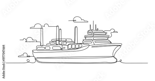 Fishing trawler moored in calm coastal sea under cloudy sky. No editable stroke