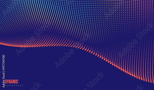 An abstract digital wave pattern flows across the canvas. Сolored dots in rhythmic motion. Matrix. Gradient shades. Copy space. Cover design template. Vector for brochure, poster, card, presentation.