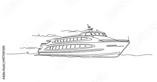 Luxury yacht cruising across calm sea in line drawing. No editable stroke
