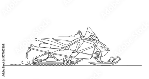 Snowmobile parked on flat surface in minimalist line art. No editable stroke