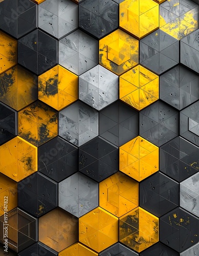 Abstract Hexagonal Pattern with Industrial Texture and Yellow Accents.