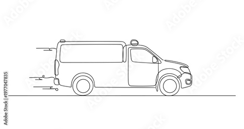 Utility van driving along straight road in urban motion. No editable stroke