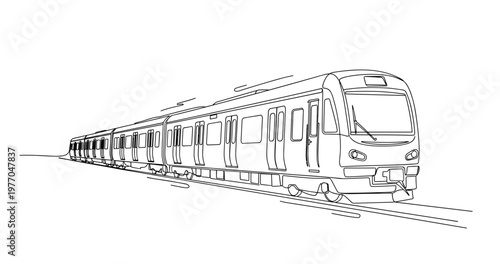 Passenger train traveling along tracks in open area. No editable stroke