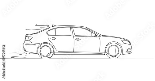 Sedan car driving in side profile on flat road line drawing. No editable stroke
