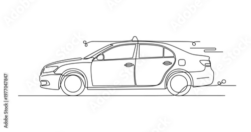 Sedan car cruising along street in single line sketch. No editable stroke