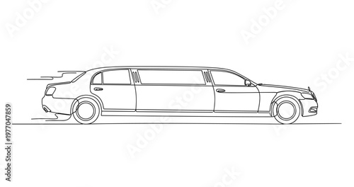 Limousine moving along road in side profile urban street. No editable stroke