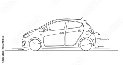 Small hatchback car side profile on flat road line drawing. No editable stroke
