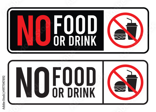 No food or drink allowed sign. No eating or drinking sign. No food or drink logo, label, badge, sticker, symbol, emblem, stamp, banner, circle, black, line, flat vector, isolated illustration.