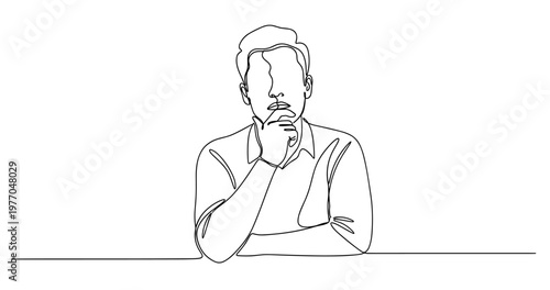 Minimalist line art of thoughtful young male. No editable stroke