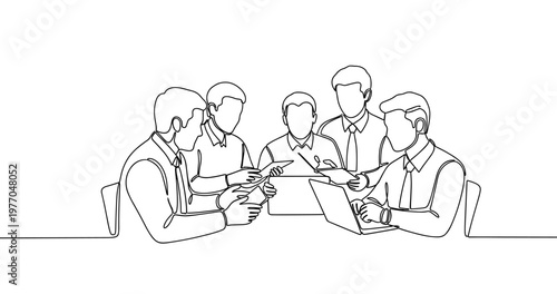 Team collaboration sketch with businessmen in meeting at office. No editable stroke