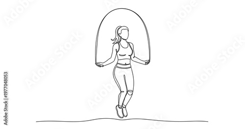 Young caucasian female skipping rope in line art illustration. No editable stroke