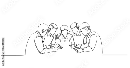 Collaborative caucasian male team discussing in a minimalist line art illustration. No editable stroke