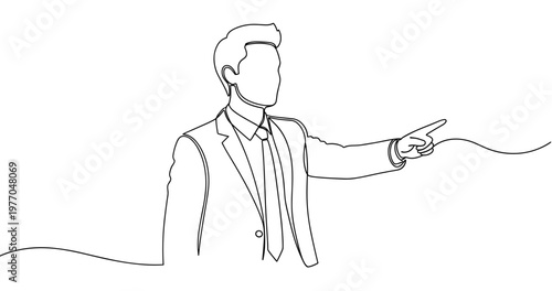 Outline of young caucasian male businessperson pointing in formal suit. No editable stroke