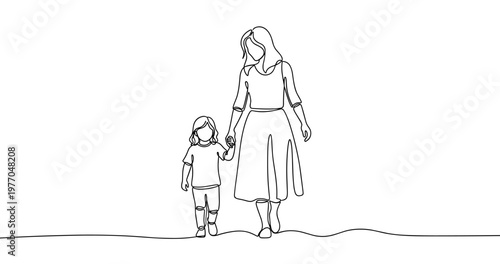 Line art of caucasian female adult and child walking hand in hand. No editable stroke