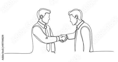Continuous line drawing of two young caucasian males in business attire shaking hands. No editable stroke