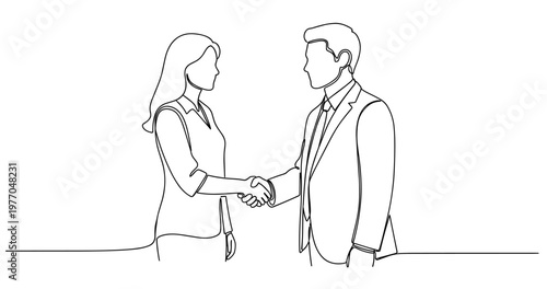 Line art of professional caucasian female and male shaking hands in business attire. No editable stroke