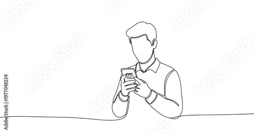 Outline of young caucasian male using smartphone at a table. No editable stroke