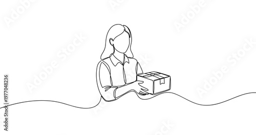 Line art of female delivering package with smooth lines and curves. No editable stroke
