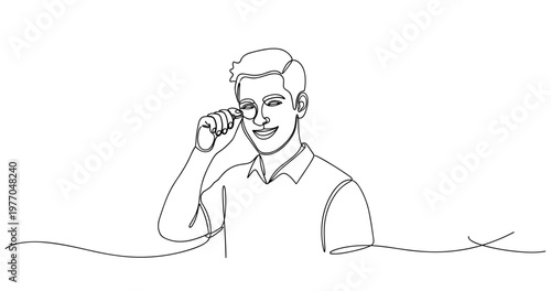 Continuous line drawing of young caucasian male adjusting glasses with smile. No editable stroke