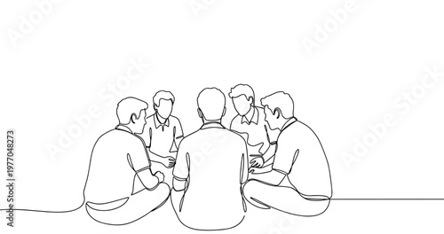 Group of young adult caucasian males in casual discussion, line art illustration. No editable stroke