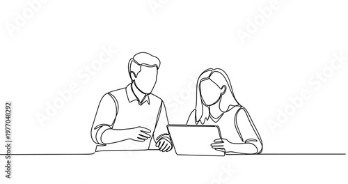 Line art of caucasian male and female adults collaborating on a project. No editable stroke