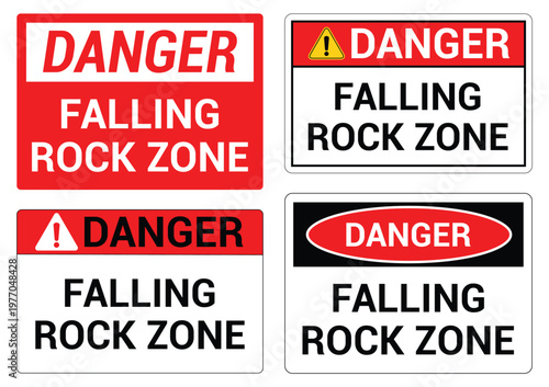 Four rectangular red and white warning signs depict a falling rock zone a clear hazard indication silhouette high quality professional detailed modern elegant