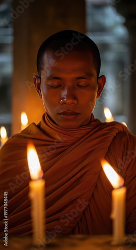 Monk Meditating in Candlelight - A Moment of Serenity.