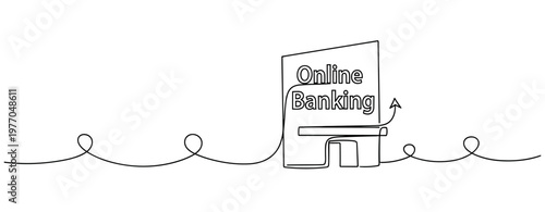 Continuous line drawing of online banking concept with arrow. No editable stroke