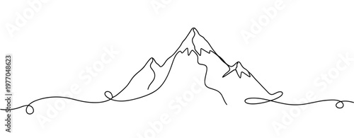 Minimalist mountain continuous line drawing with simple artistic outline. No editable stroke