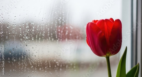 Red Tulip Blooming by Window in Rainy Weather.