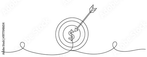 Minimalist arrow piercing target with dollar sign for financial success concept. No editable stroke