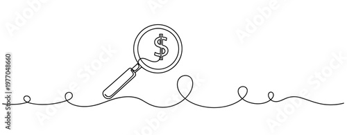 Magnifying glass with dollar sign examining financial growth line drawing. No editable stroke