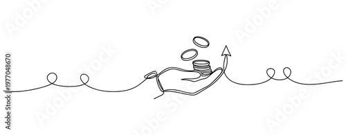 Minimalist illustration of hand holding coins with rising arrow. No editable stroke