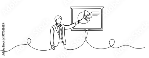 Business presentation by caucasian male adult explaining pie chart. No editable stroke