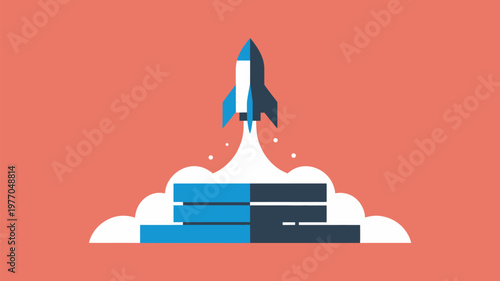 A rocket ship blasts off from a stack of books into a bright orange sky with white clouds