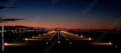 Night view of an illuminated airport runway stretching into the distance at sunset