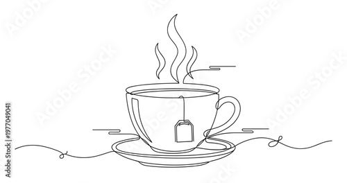 Minimalist line drawing of a steaming teacup with saucer and teabag. None editable stroke