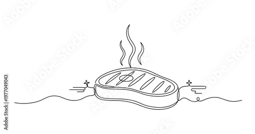 Simple one-line drawing of grilled steak with steam. None editable stroke