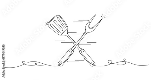Minimalist line art of barbecue tools: fork and spatula design. None editable stroke