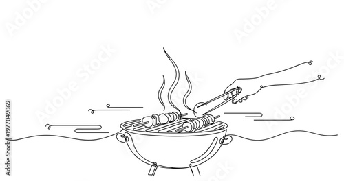 Line art bbq: female hand grilling skewers with tongs. None editable stroke