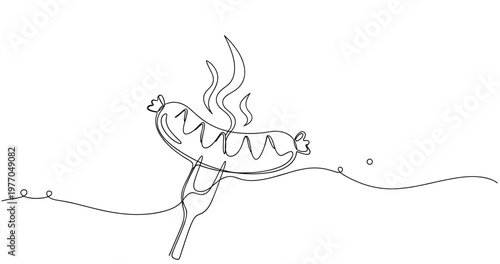Minimalist one-line drawing of hot dog on fork with steam. None editable stroke