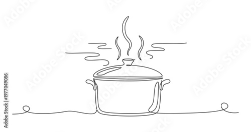 Minimalist line art of a steaming cooking pot with lid. None editable stroke
